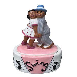 Vintage Ceramic Swing Dance Music Box Salt Pepper Shakers Set Black Couple RARE
